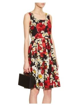 NWOT Dolce & Gabbana Black Floral Midi Dress with Red Poppies and White Daisies